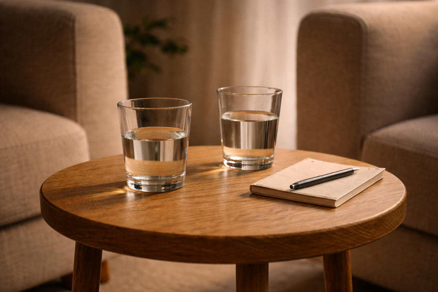 Focused one-to-one clarity conversation Two glasses of water and a notebook on a small table representing a focused conversation to clarify an important decision